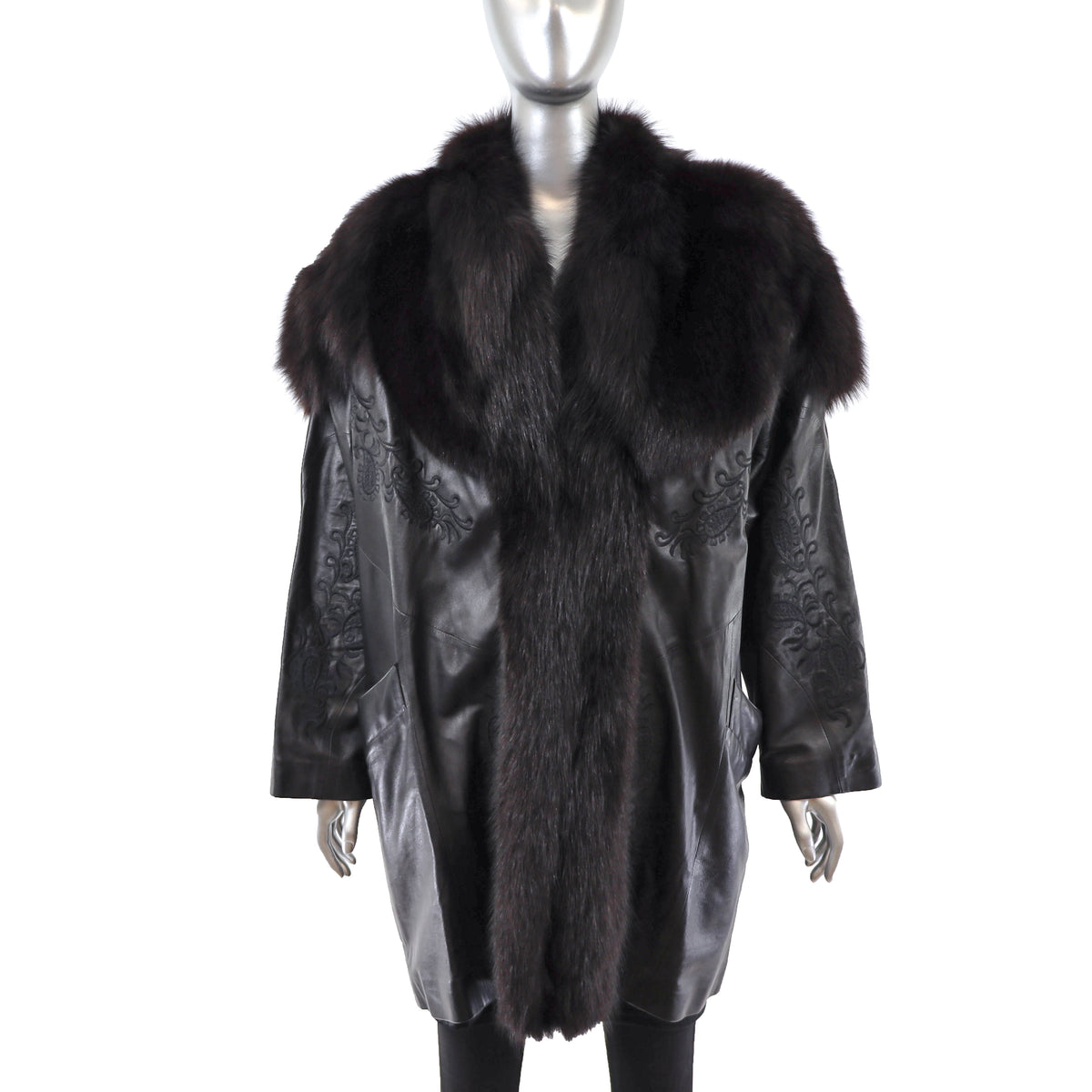 Black Leather Jacket with Fox Trim- Size XXL-XXXL