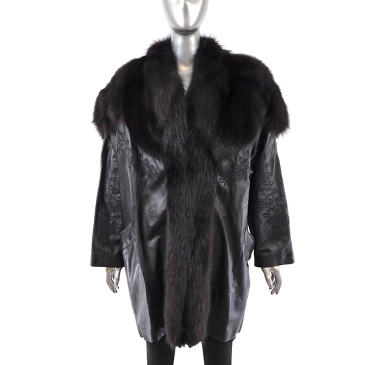 Black Leather Jacket with Fox Trim- Size XXL-XXXL
