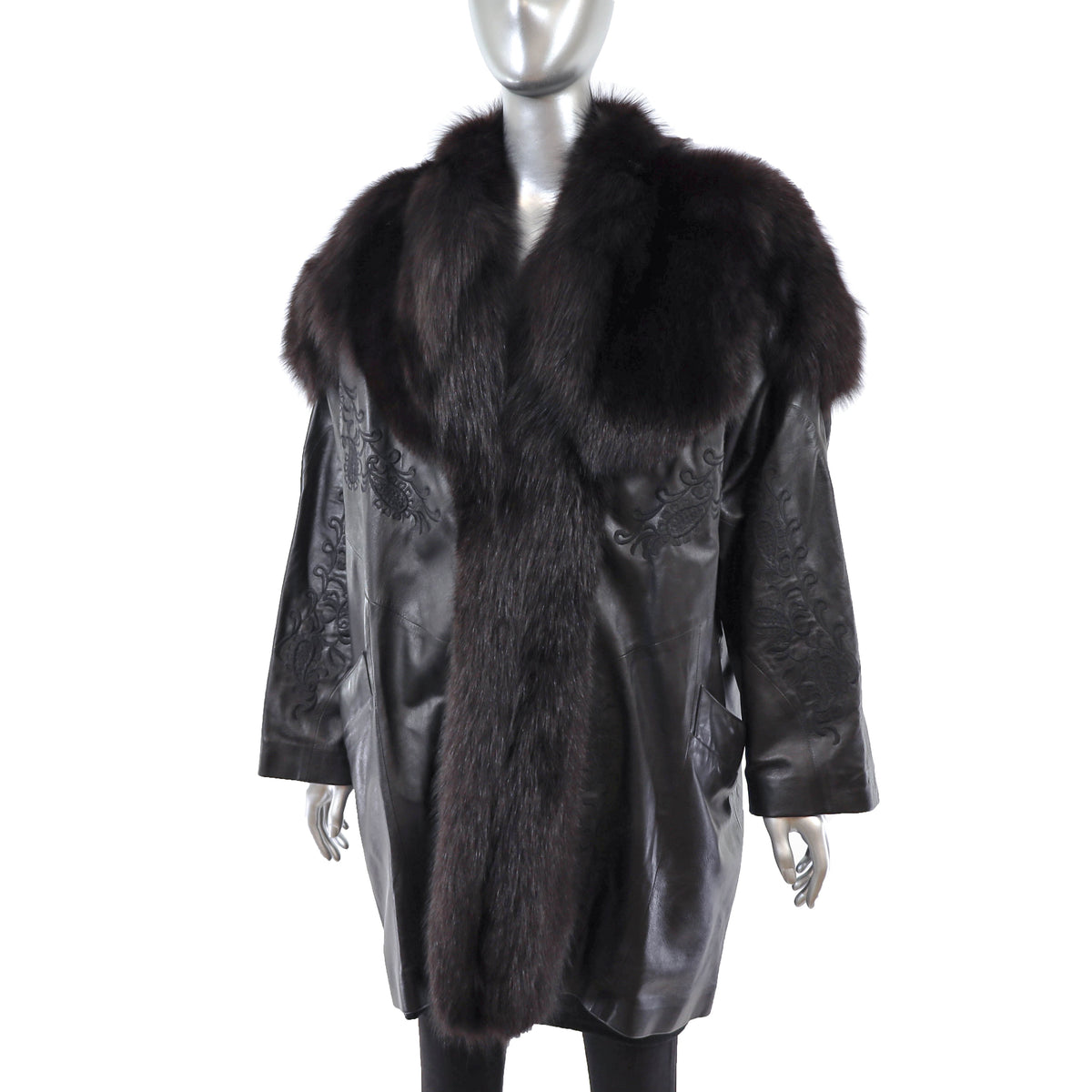 Black Leather Jacket with Fox Trim- Size XXL-XXXL