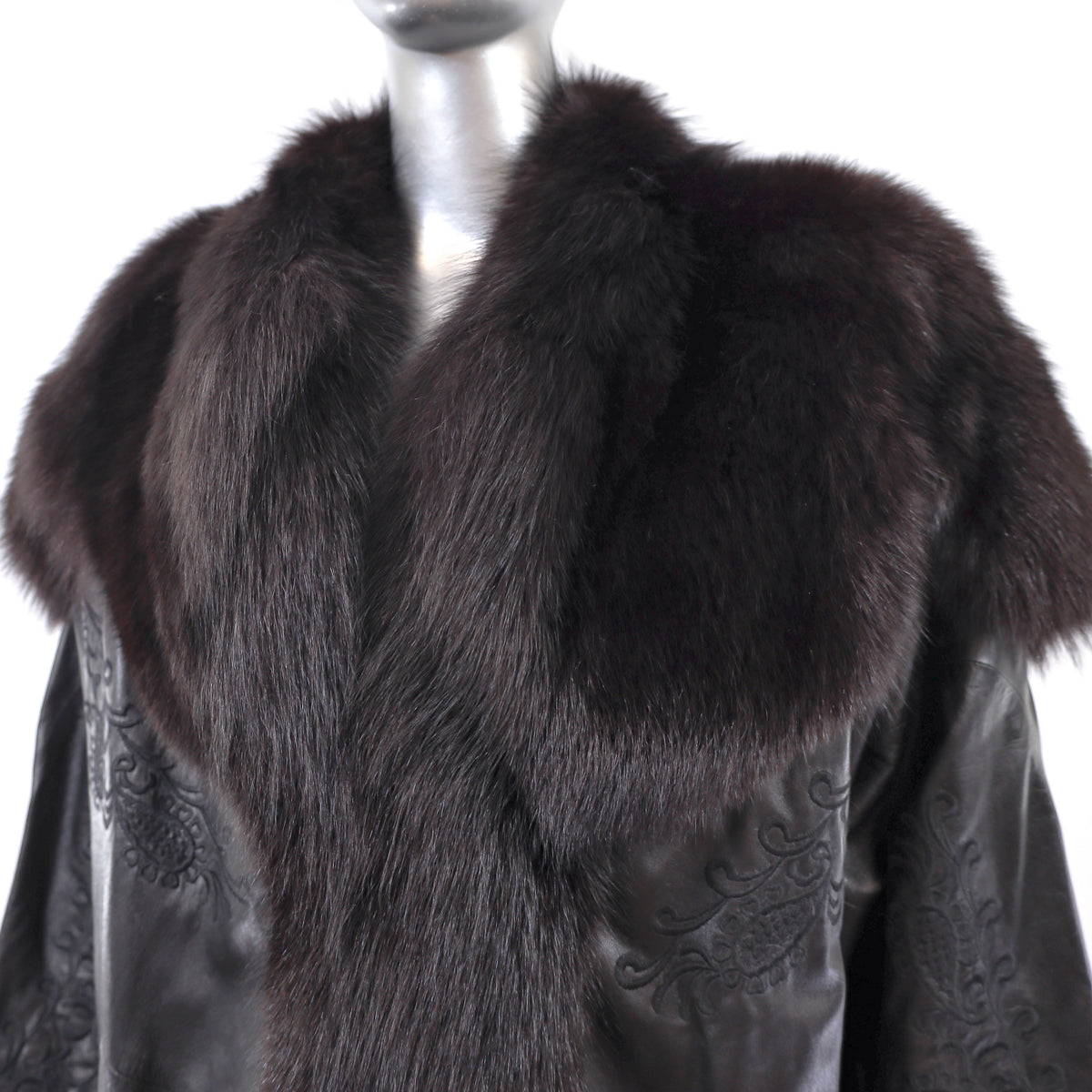 Black Leather Jacket with Fox Trim- Size XXL-XXXL