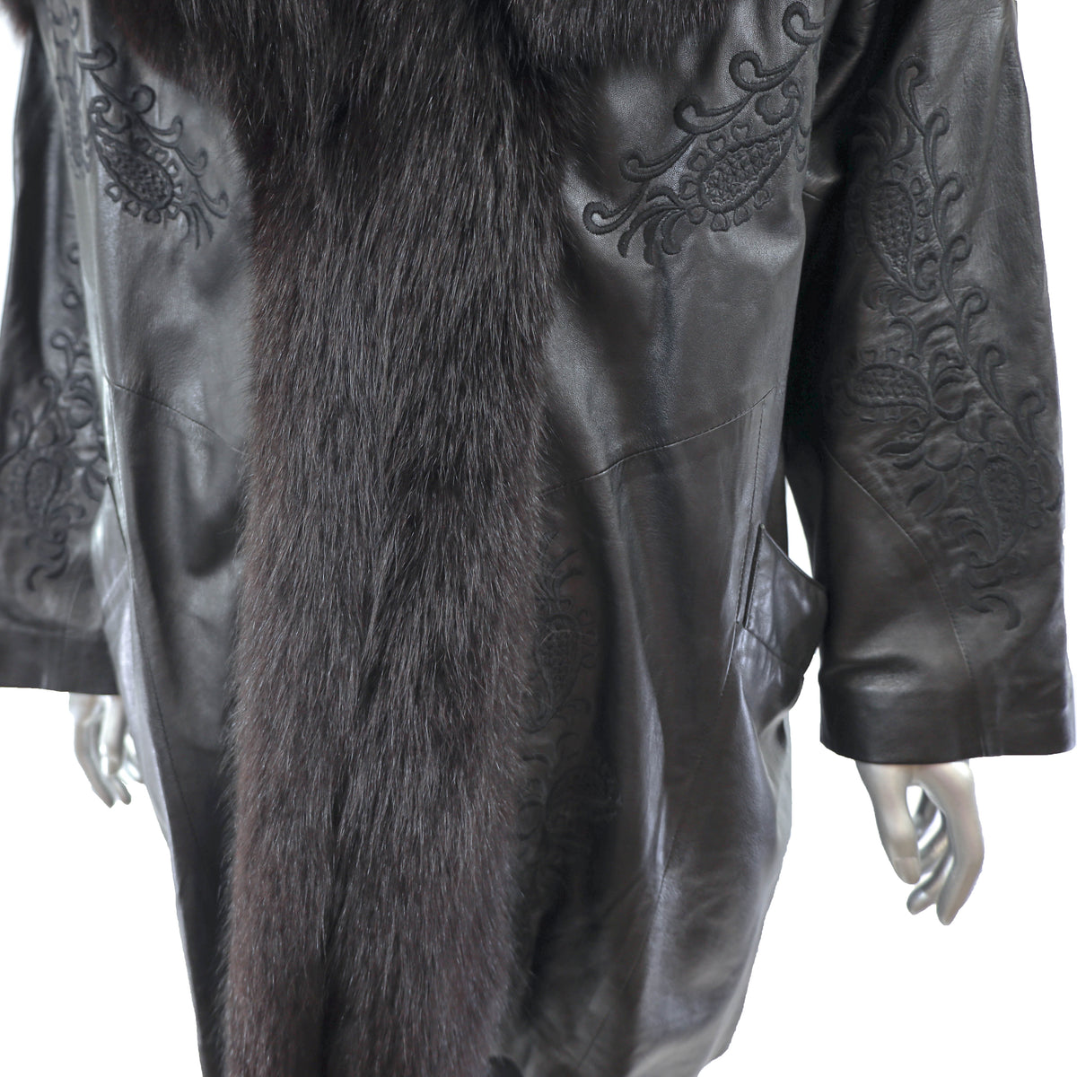 Black Leather Jacket with Fox Trim- Size XXL-XXXL
