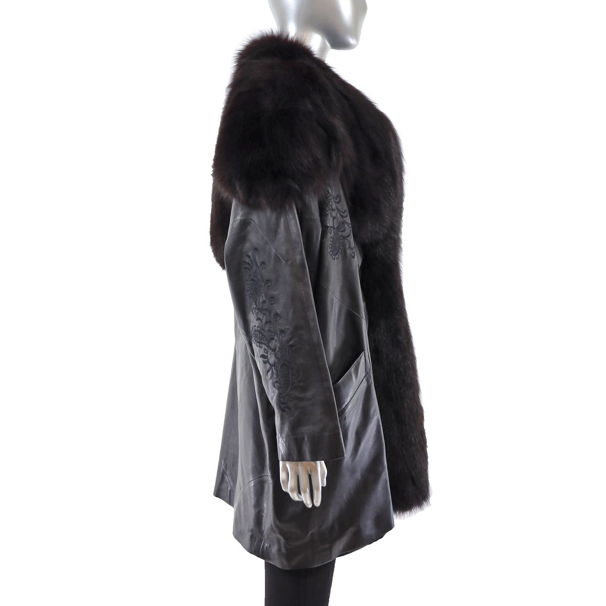 Black Leather Jacket with Fox Trim- Size XXL-XXXL