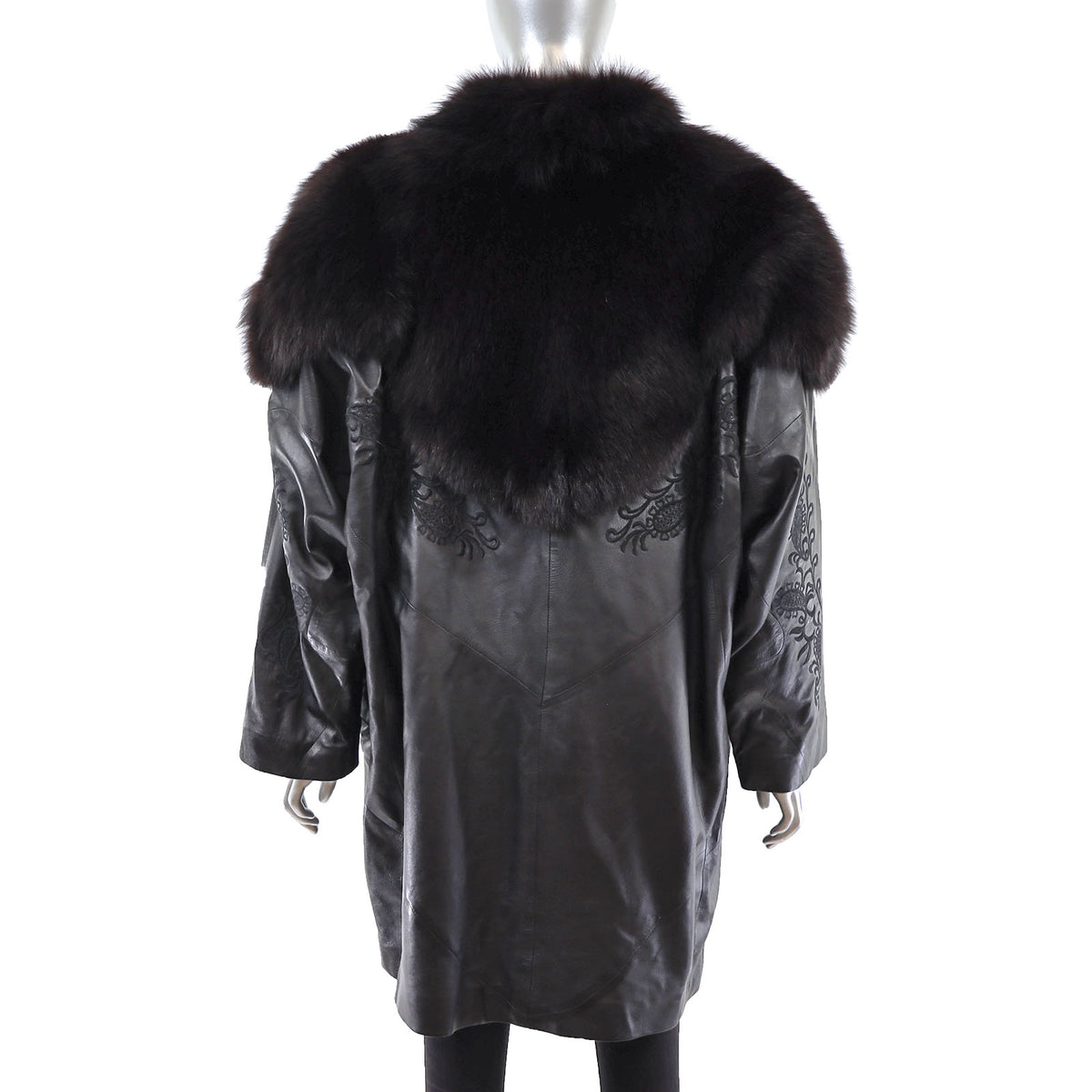 Black Leather Jacket with Fox Trim- Size XXL-XXXL