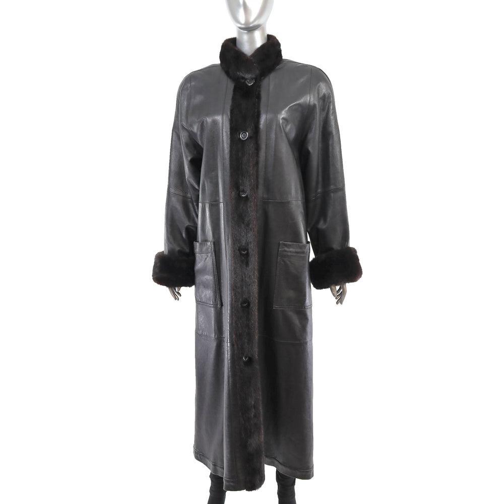 Leather Coat with Mink Tuxedo and Cuffs- Size L