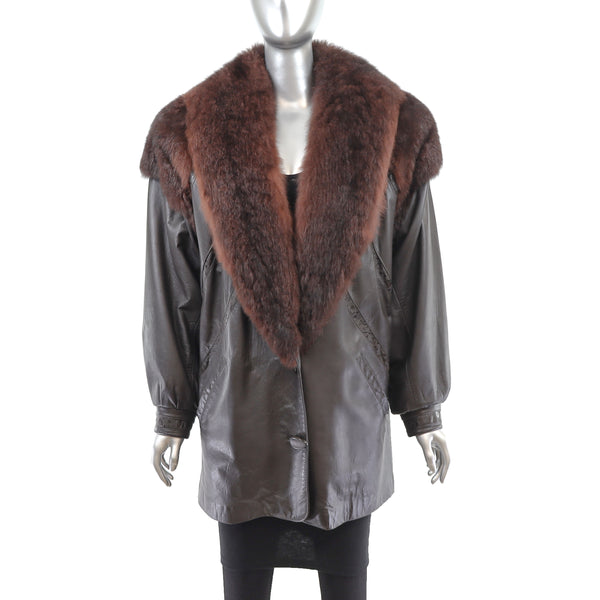 Leather Jacket with Opossum Collar- Size M-L