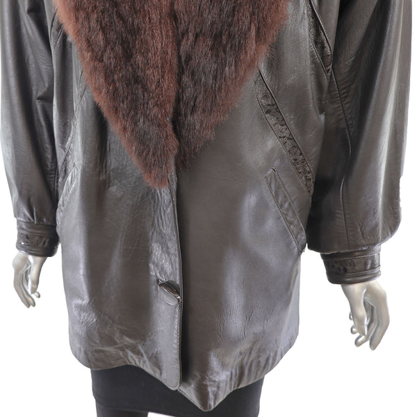 Leather Jacket with Opossum Collar- Size M-L