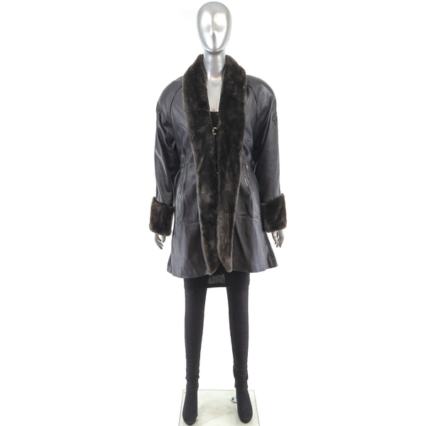 Leather Coat with Sheared Nutria Trim- Size XS