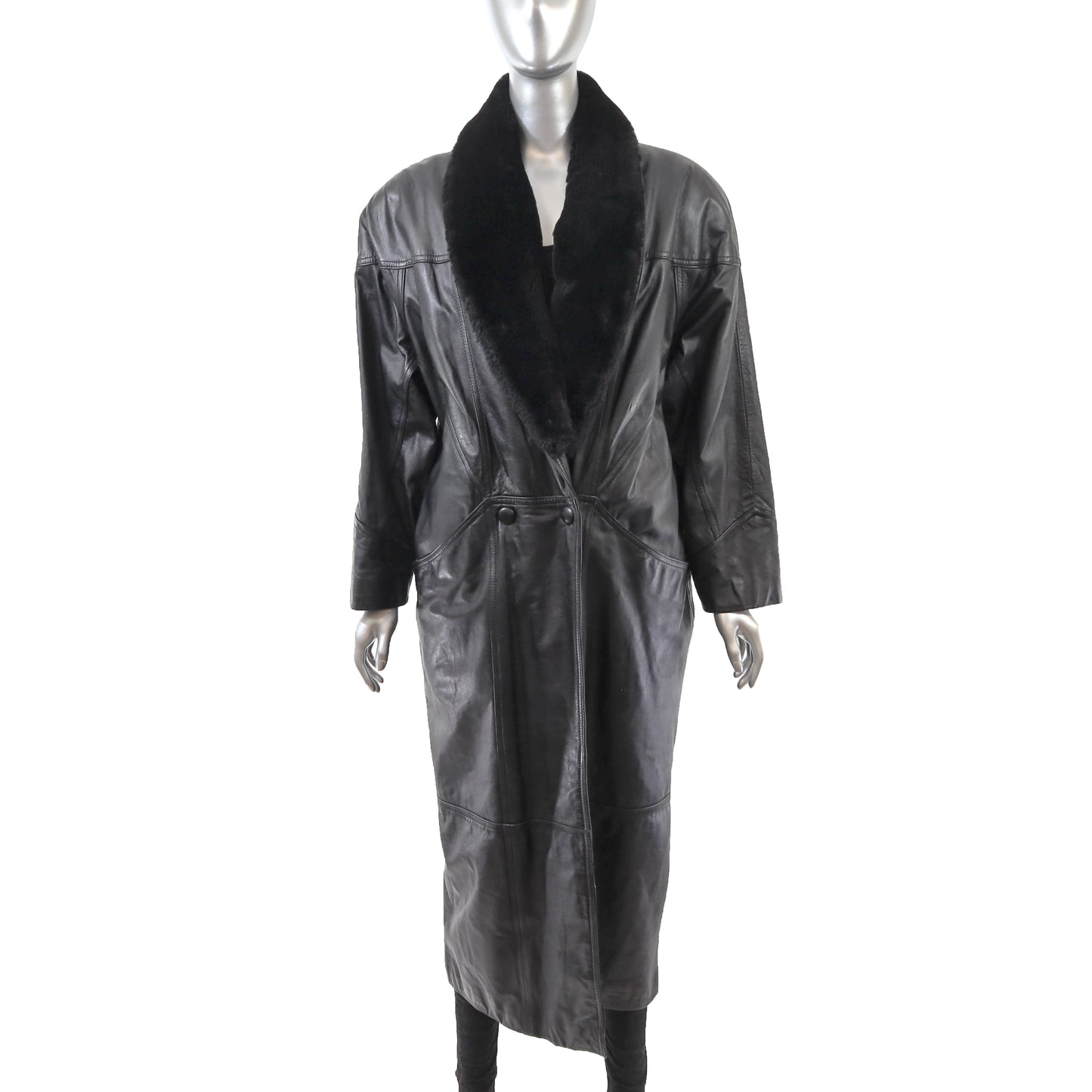 Black Leather Coat with Detachable Faux Fur Collar- Size M