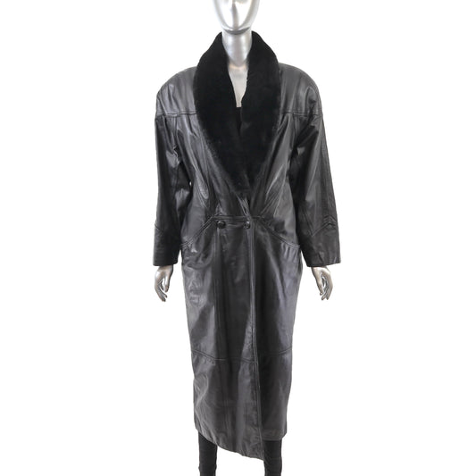 Black Leather Coat with Detachable Faux Fur Collar- Size M