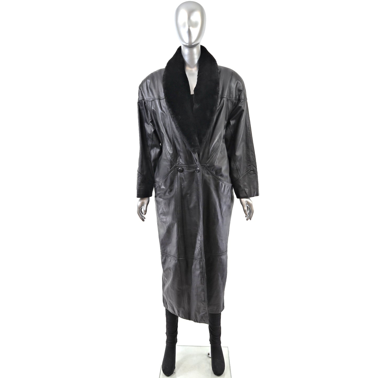 Black Leather Coat with Detachable Faux Fur Collar- Size M