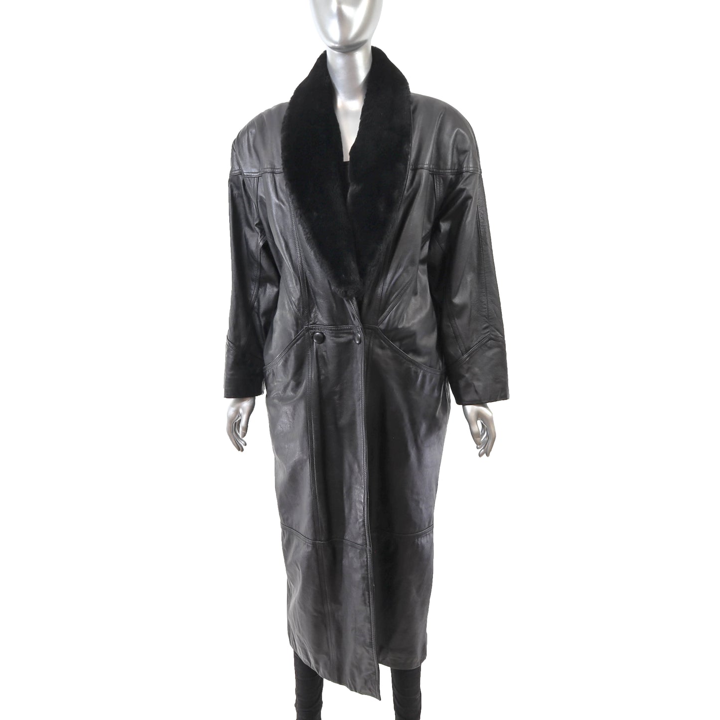 Black Leather Coat with Detachable Faux Fur Collar- Size M
