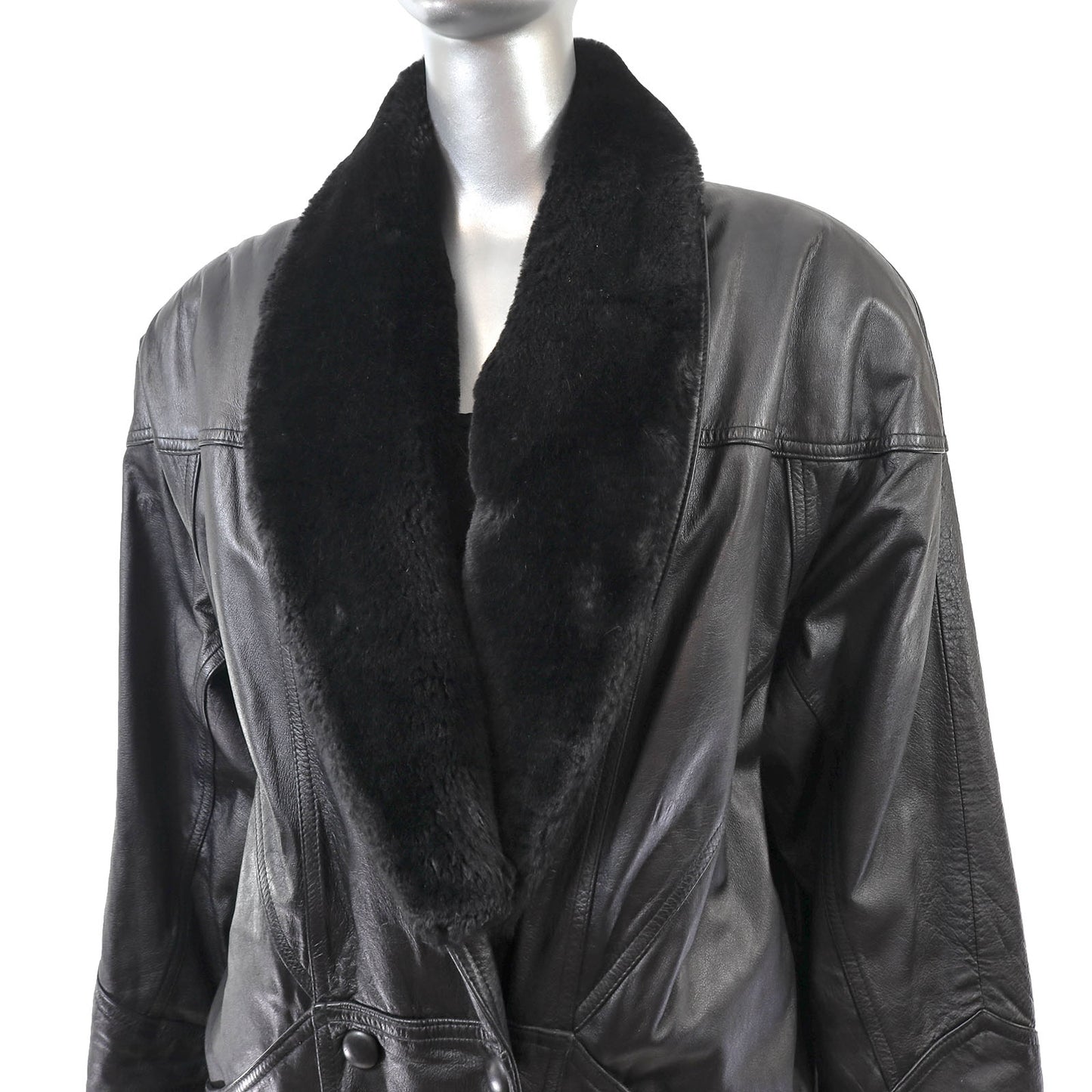 Black Leather Coat with Detachable Faux Fur Collar- Size M