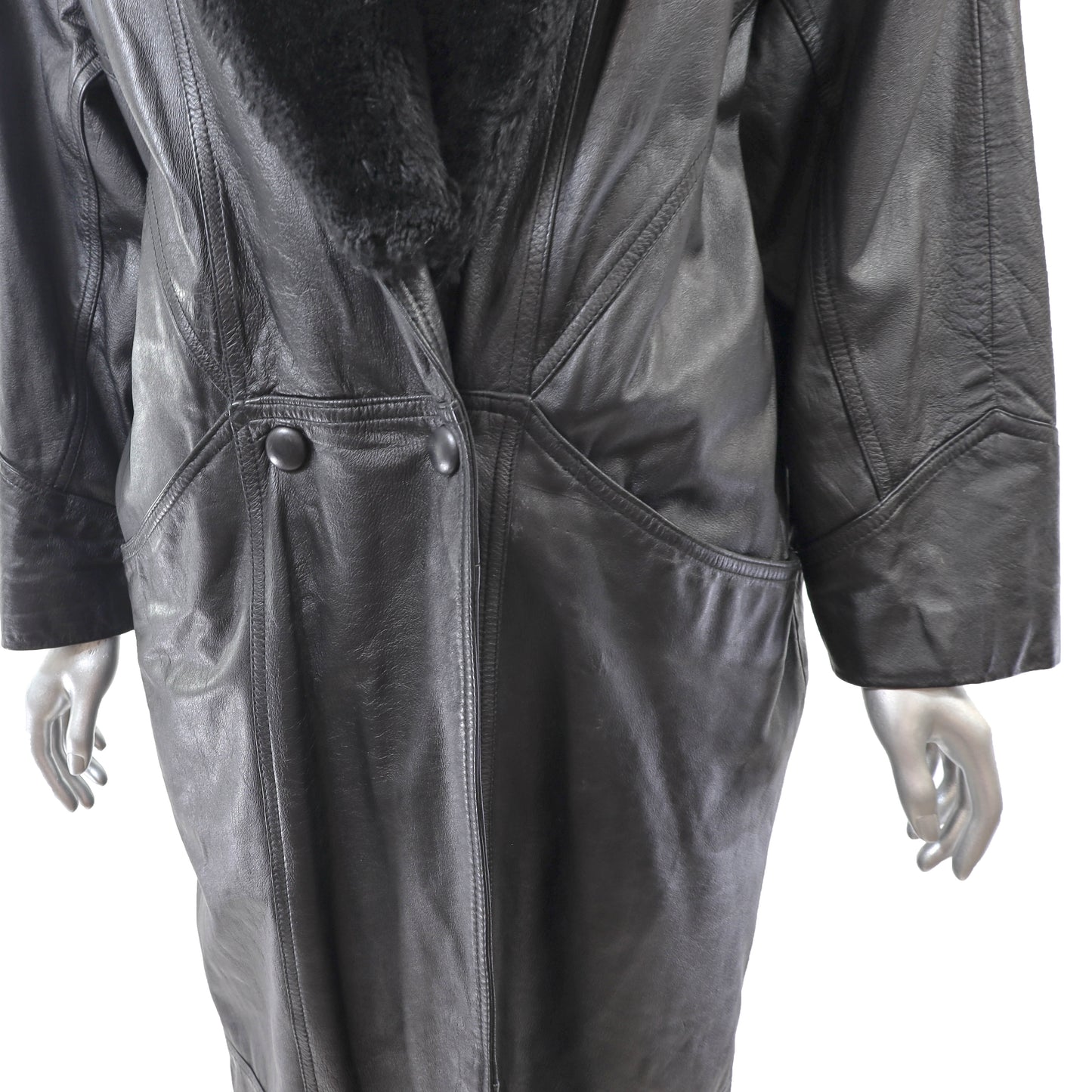 Black Leather Coat with Detachable Faux Fur Collar- Size M