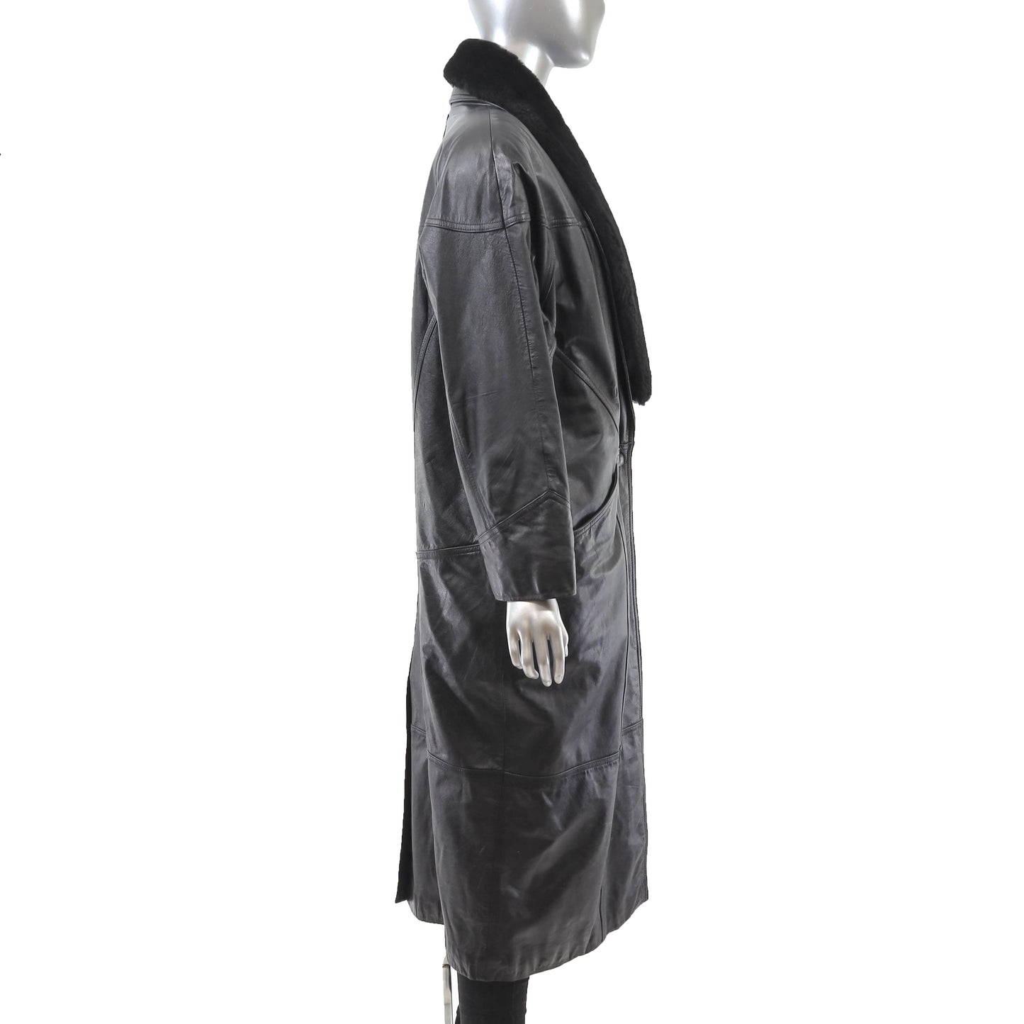 Black Leather Coat with Detachable Faux Fur Collar- Size M