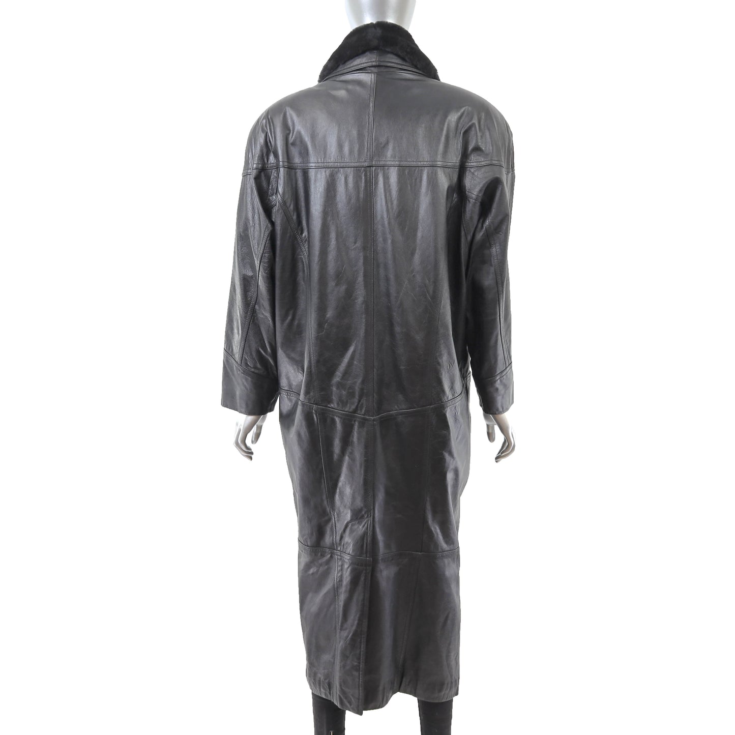 Black Leather Coat with Detachable Faux Fur Collar- Size M