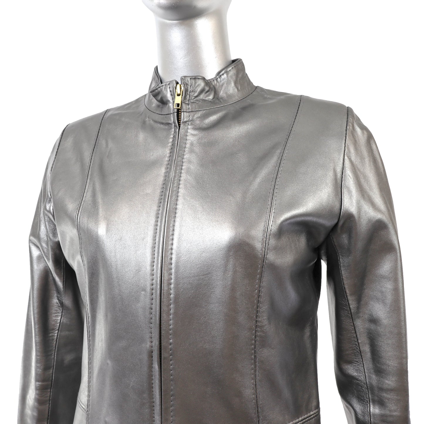Metallic Grey Leather Jacket- Size XS