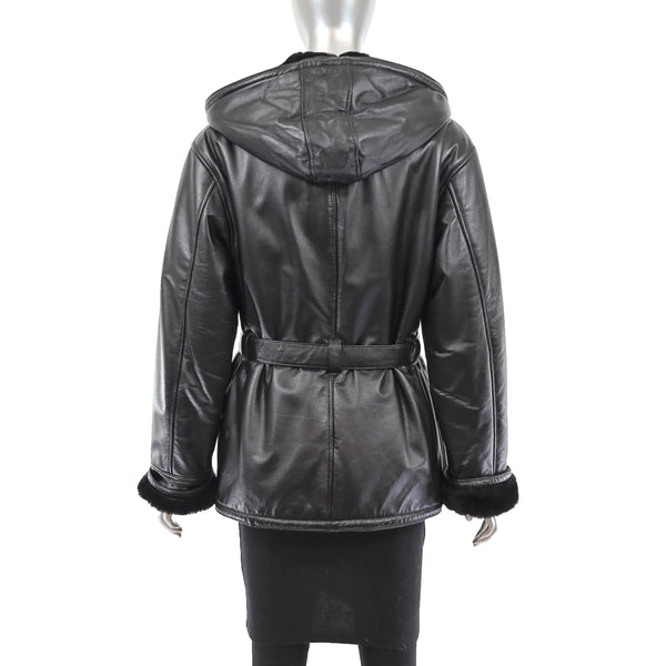 Hooded Leather Jacket with Faux Fur Lining- Size M