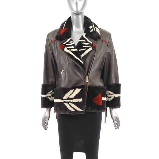 Brown Leather Jacket with Sheared Beaver Trim and Design- Size M