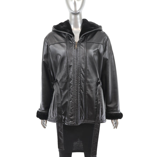 Hooded Leather Jacket with Faux Fur Lining- Size M
