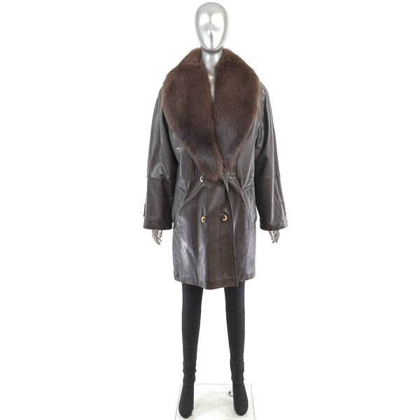 Brown Leather Coat with Detachable Fox Collar- Size M