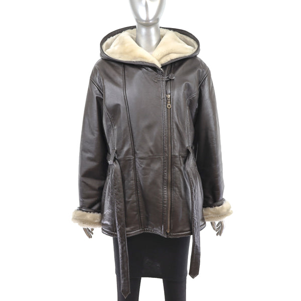 Hooded Leather Jacket- Size L