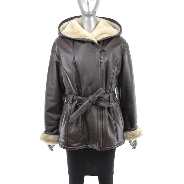 Hooded Leather Jacket- Size L