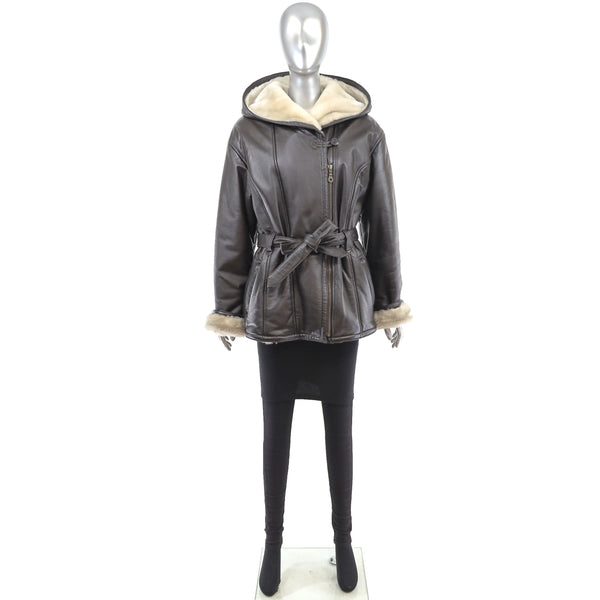 Hooded Leather Jacket- Size L