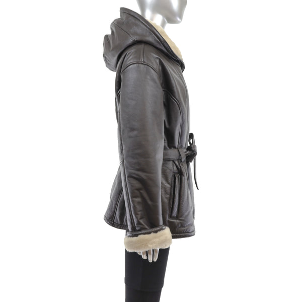 Hooded Leather Jacket- Size L