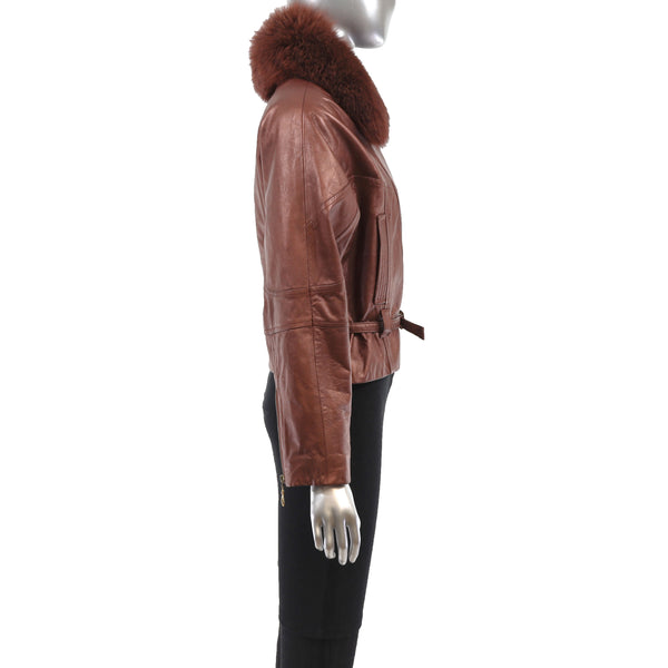 Metallic Leather Jacket with Removable Fox Collar- Size XS