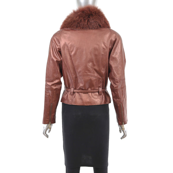 Metallic Leather Jacket with Removable Fox Collar- Size XS