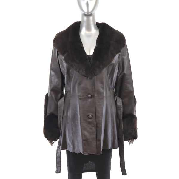Brown Leather Jacket with Rabbit Trim- Size S
