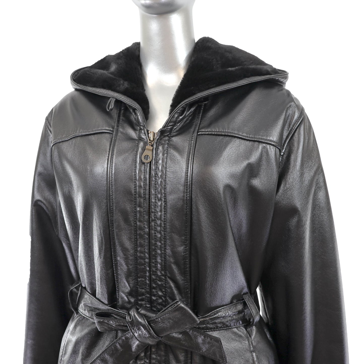 Hooded Leather Jacket with Faux Fur Lining- Size M