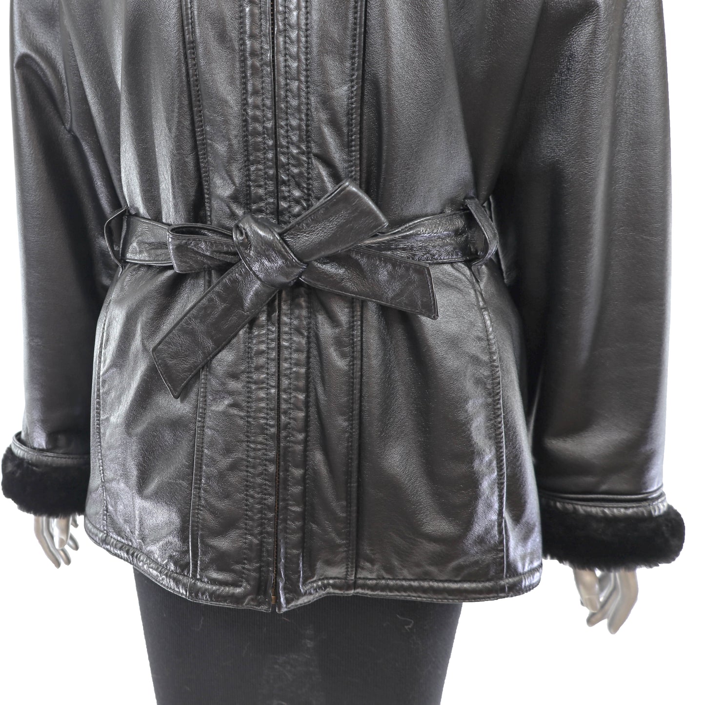 Hooded Leather Jacket with Faux Fur Lining- Size M