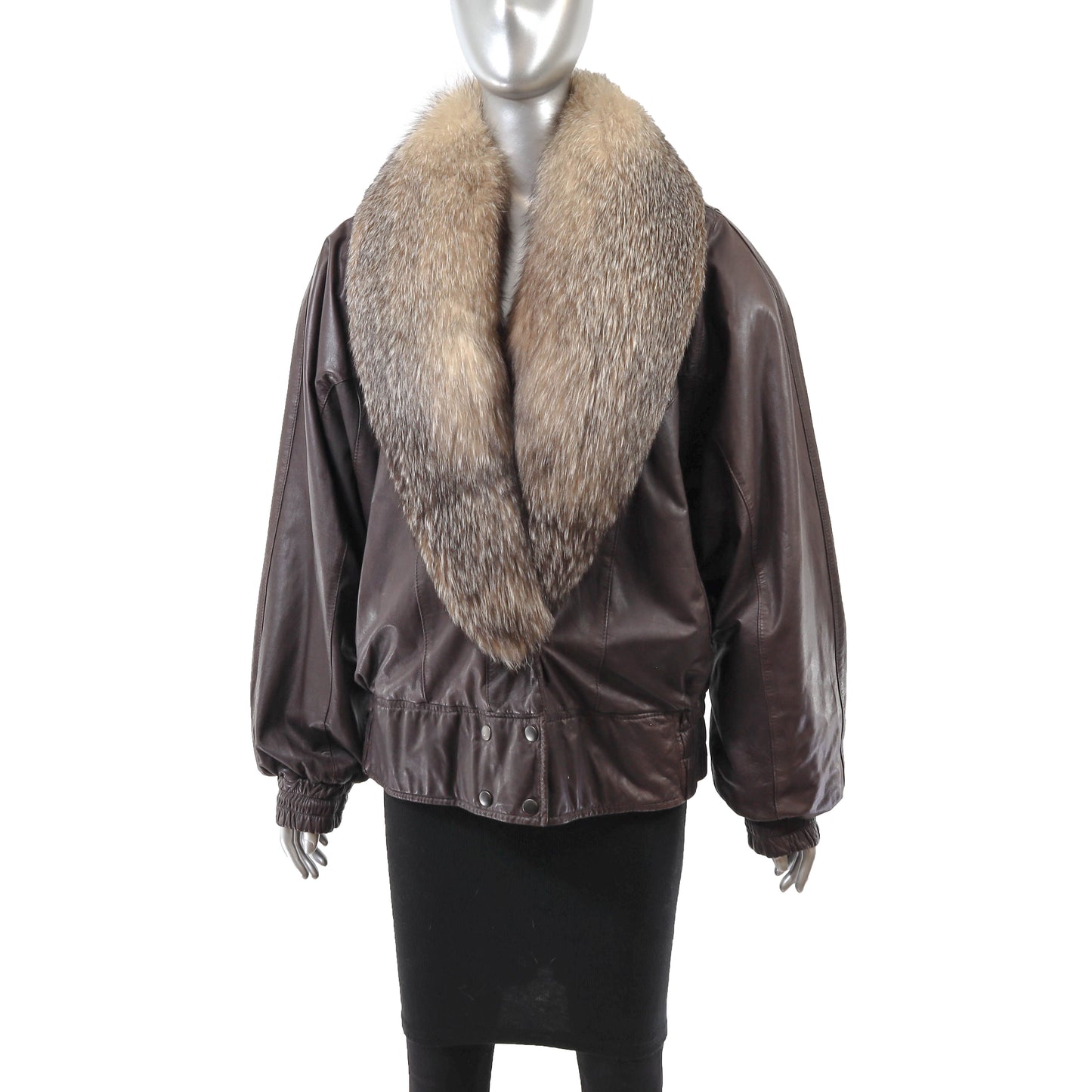 Leather Jacket with Crystal Fox Collar- Size L
