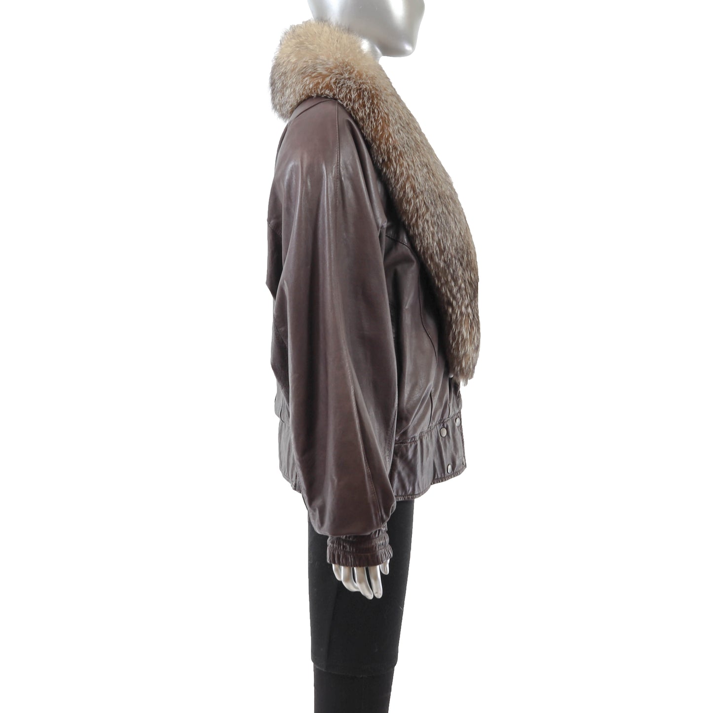 Leather Jacket with Crystal Fox Collar- Size L