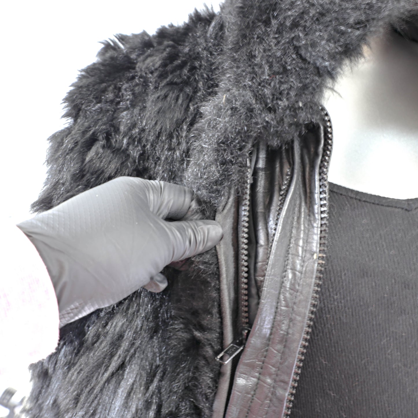 Black Leather Jacket with Detachable Opossum Lining- Size S-M