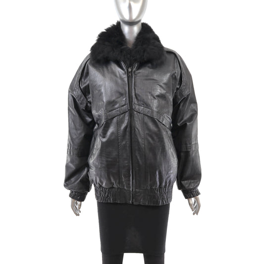 Black Leather Jacket with Detachable Opossum Lining- Size S-M