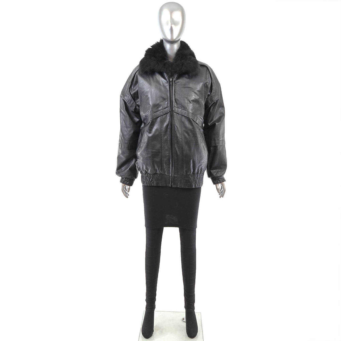 Black Leather Jacket with Detachable Opossum Lining- Size S-M
