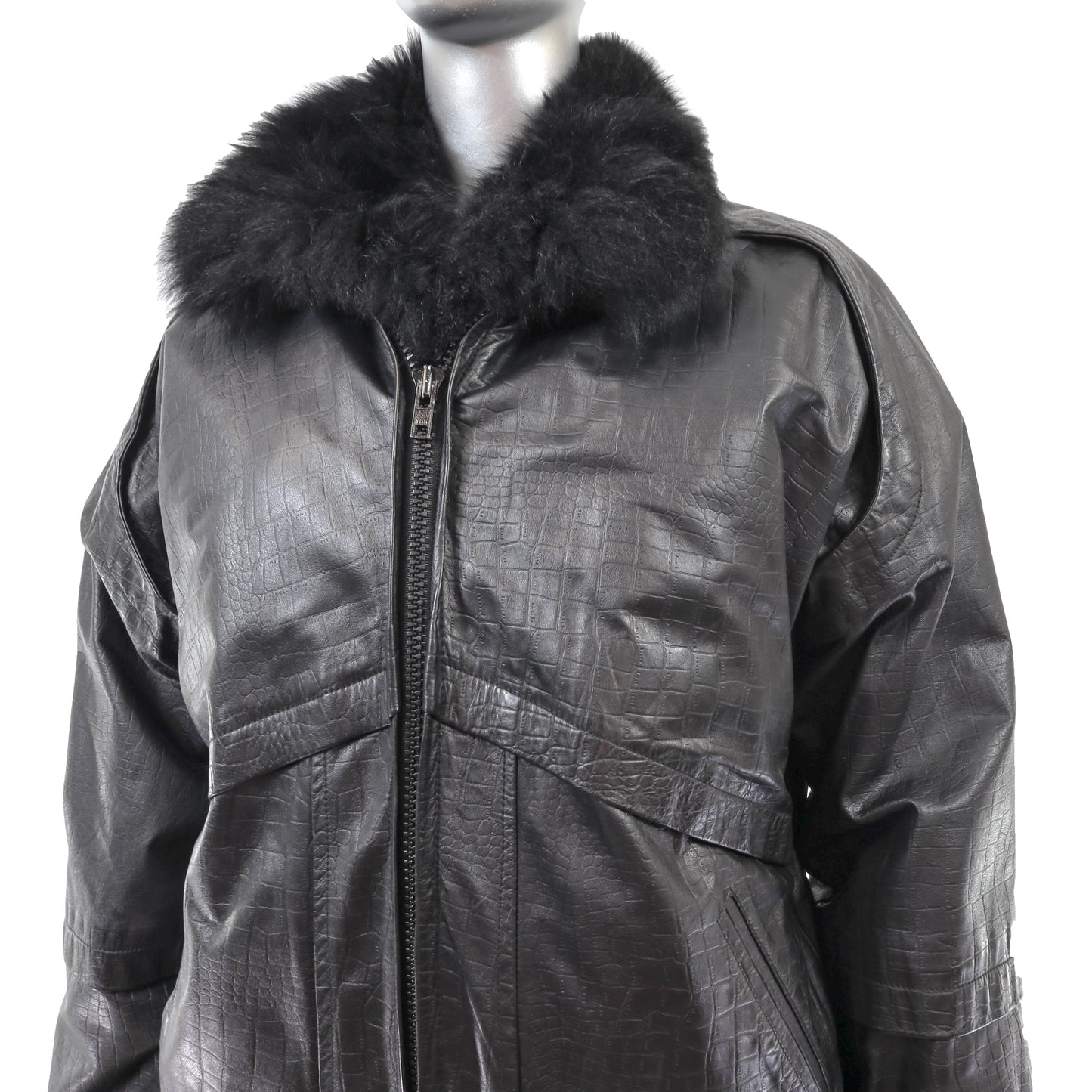 Black Leather Jacket with Detachable Opossum Lining- Size S-M