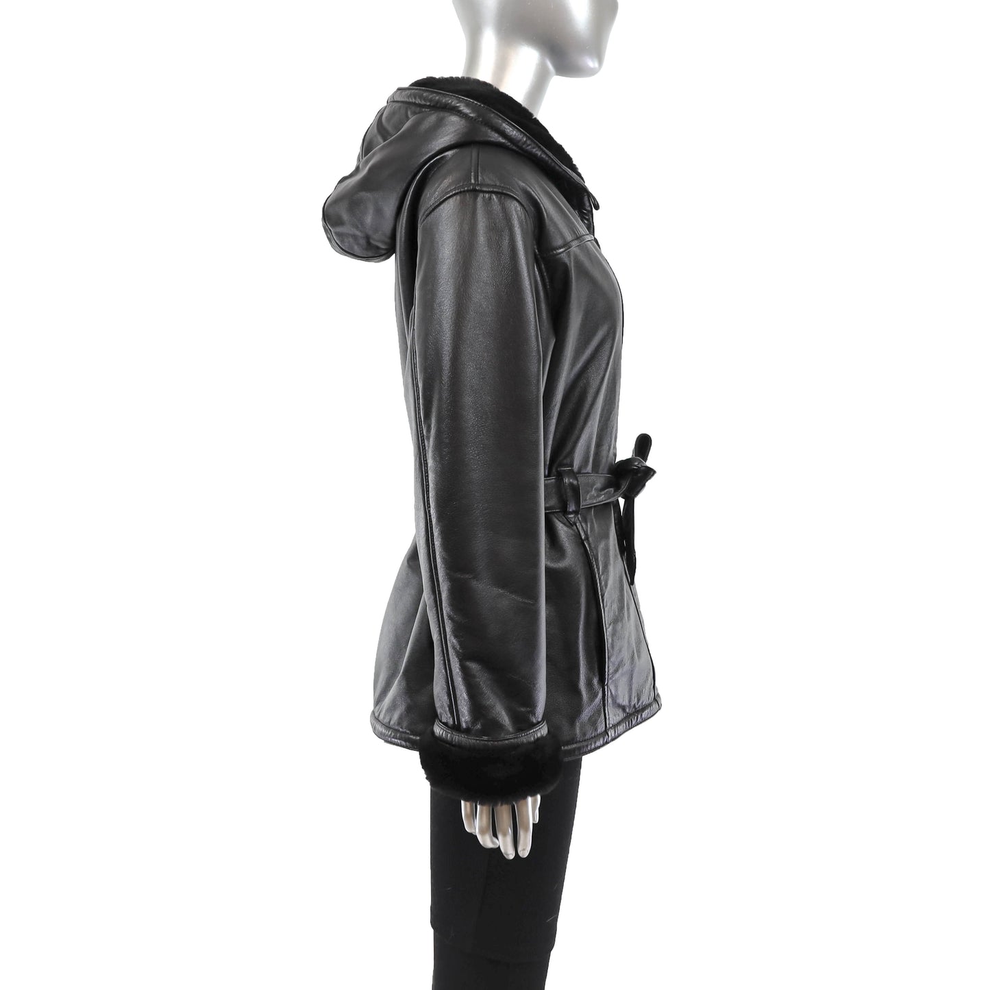 Hooded Leather Jacket with Faux Fur Lining- Size M