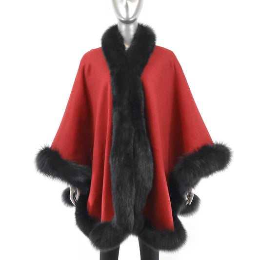 Red Cashmere Reversible Cape with Fox Trim- Size Free