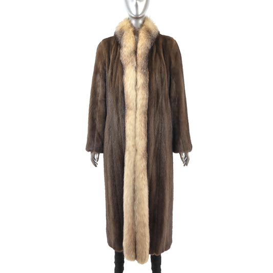 Brown Mink Coat with Fox Tuxedo- Size S