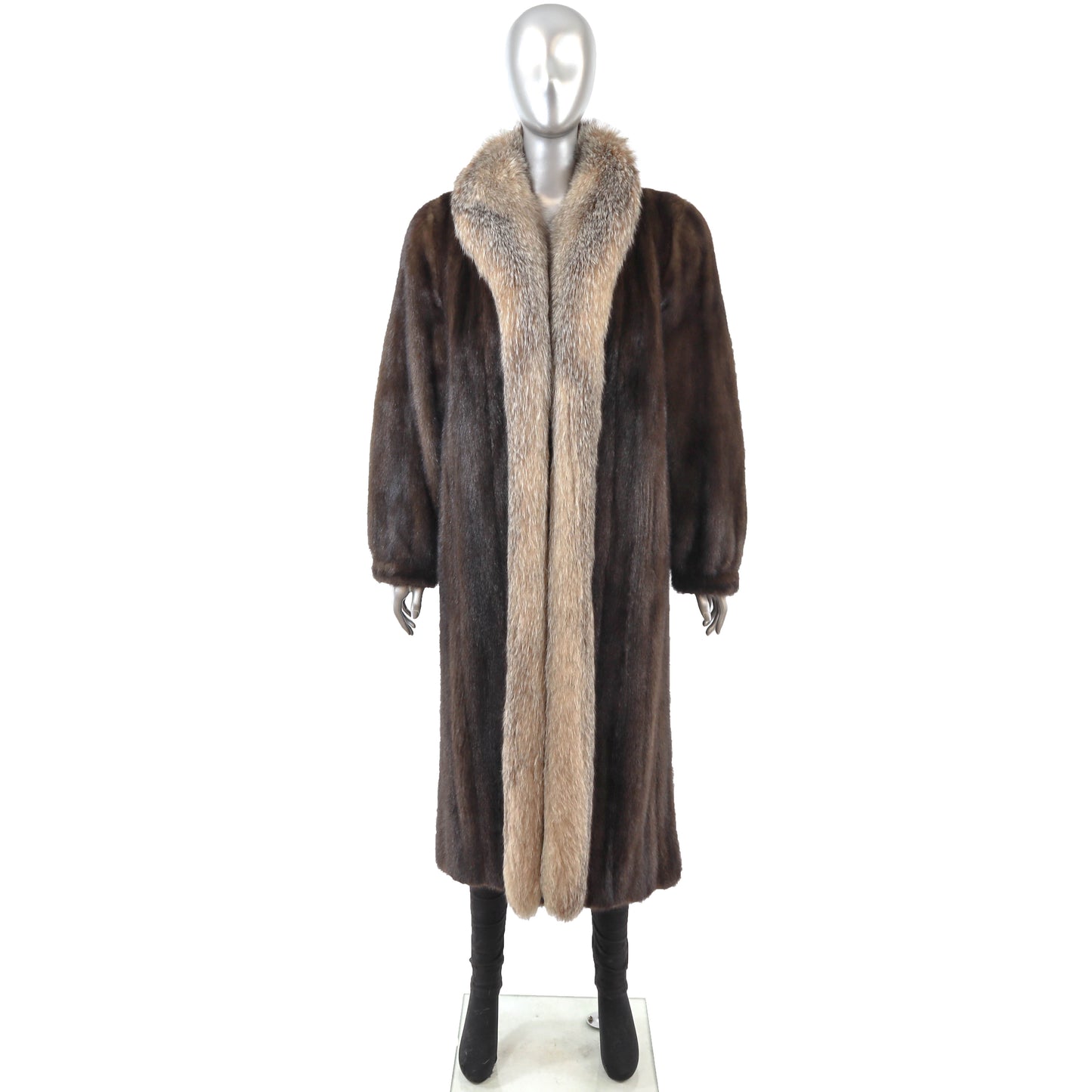 Brown Mink Coat with Fox Tuxedo- Size S-M