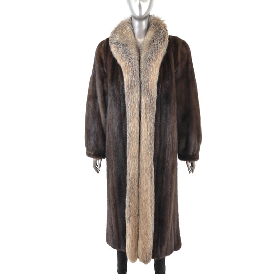 Brown Mink Coat with Fox Tuxedo- Size S-M