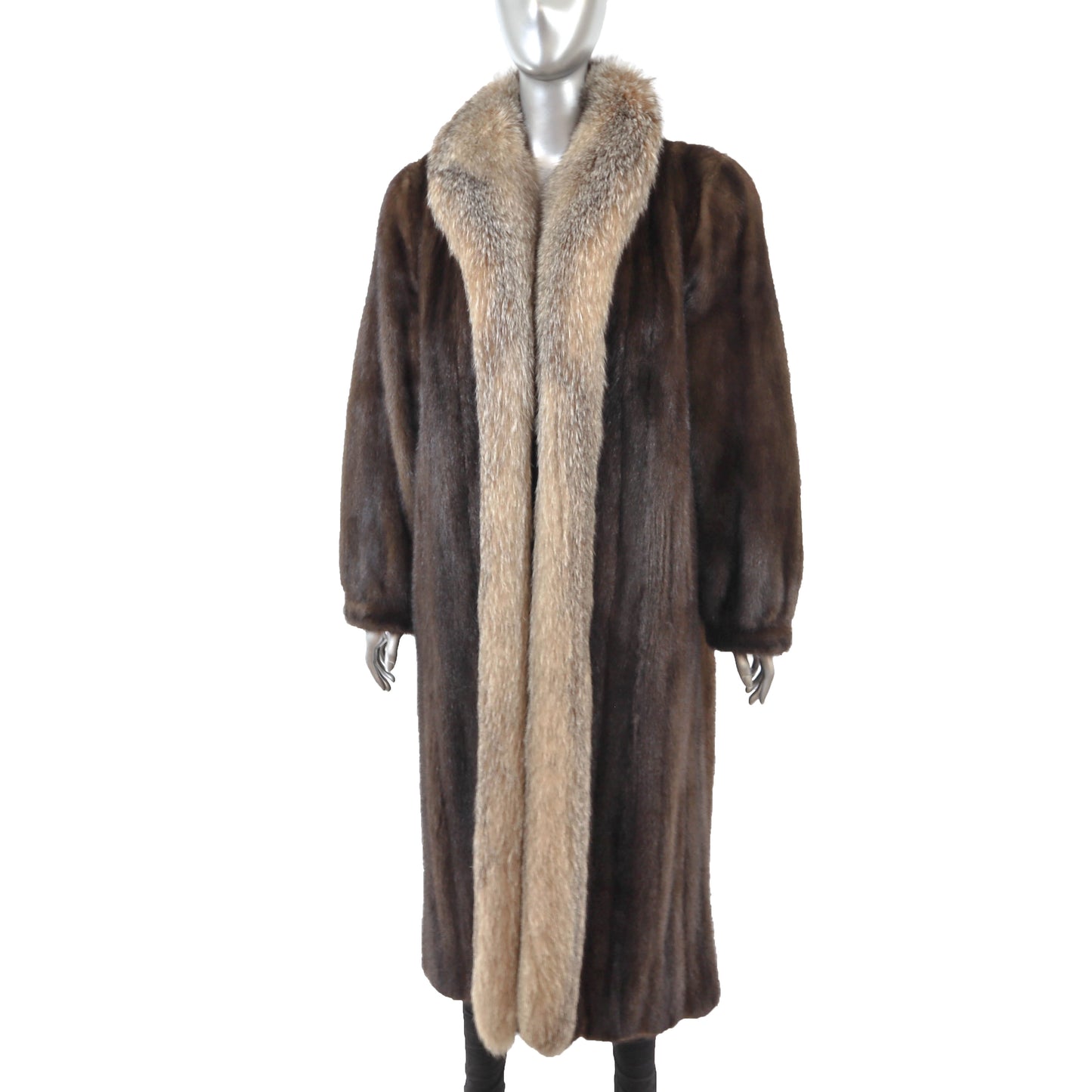 Brown Mink Coat with Fox Tuxedo- Size S-M