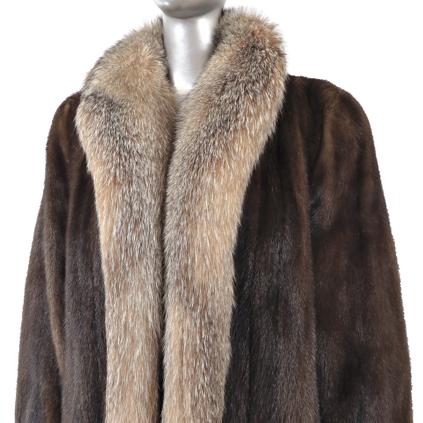 Brown Mink Coat with Fox Tuxedo- Size S-M