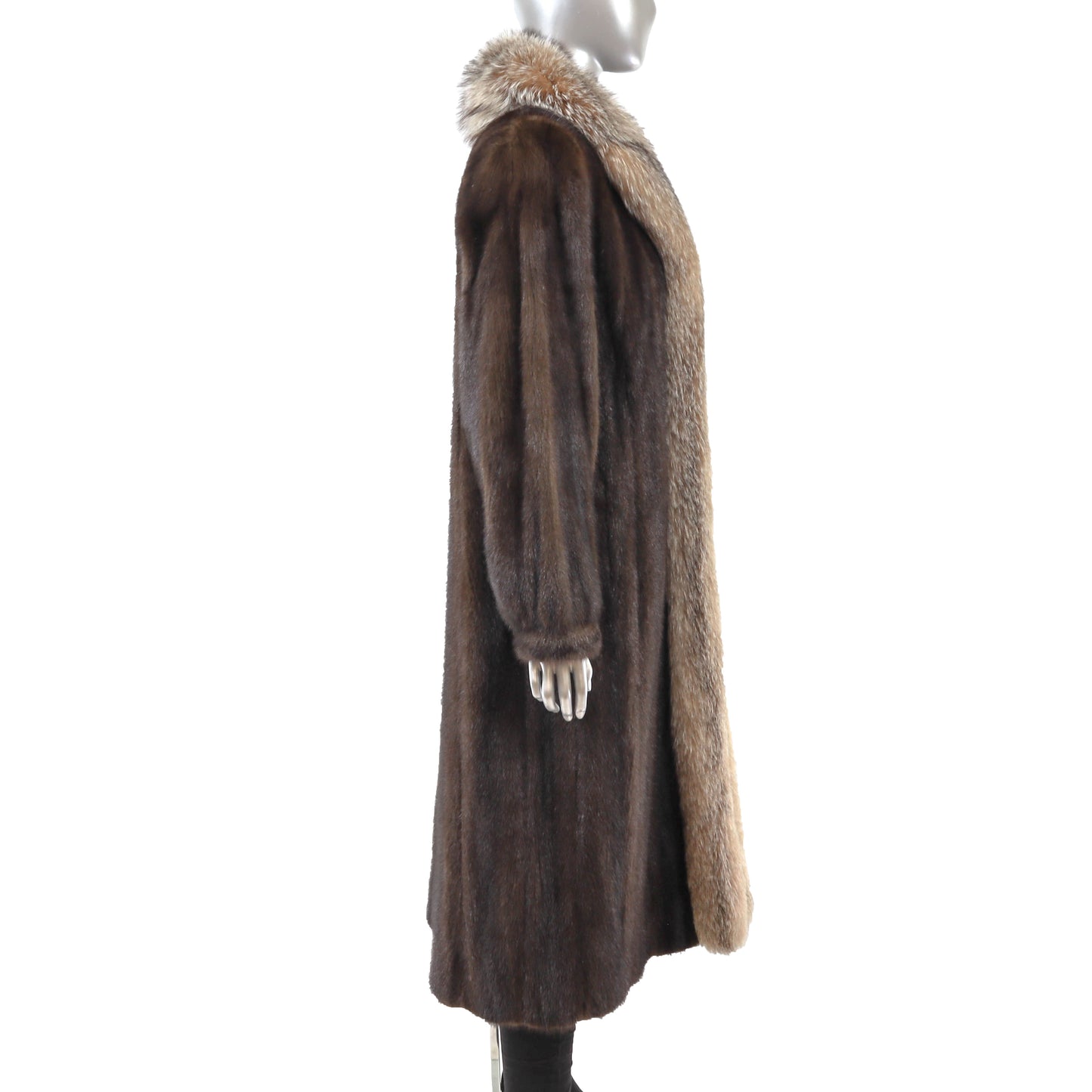 Brown Mink Coat with Fox Tuxedo- Size S-M