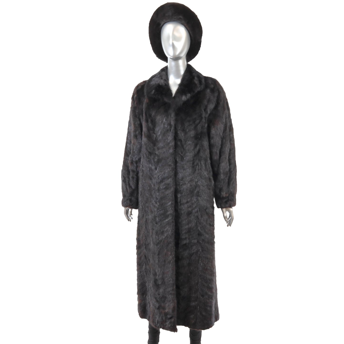 Dark Brown Section Mink Coat with Matching Hat- Size M
