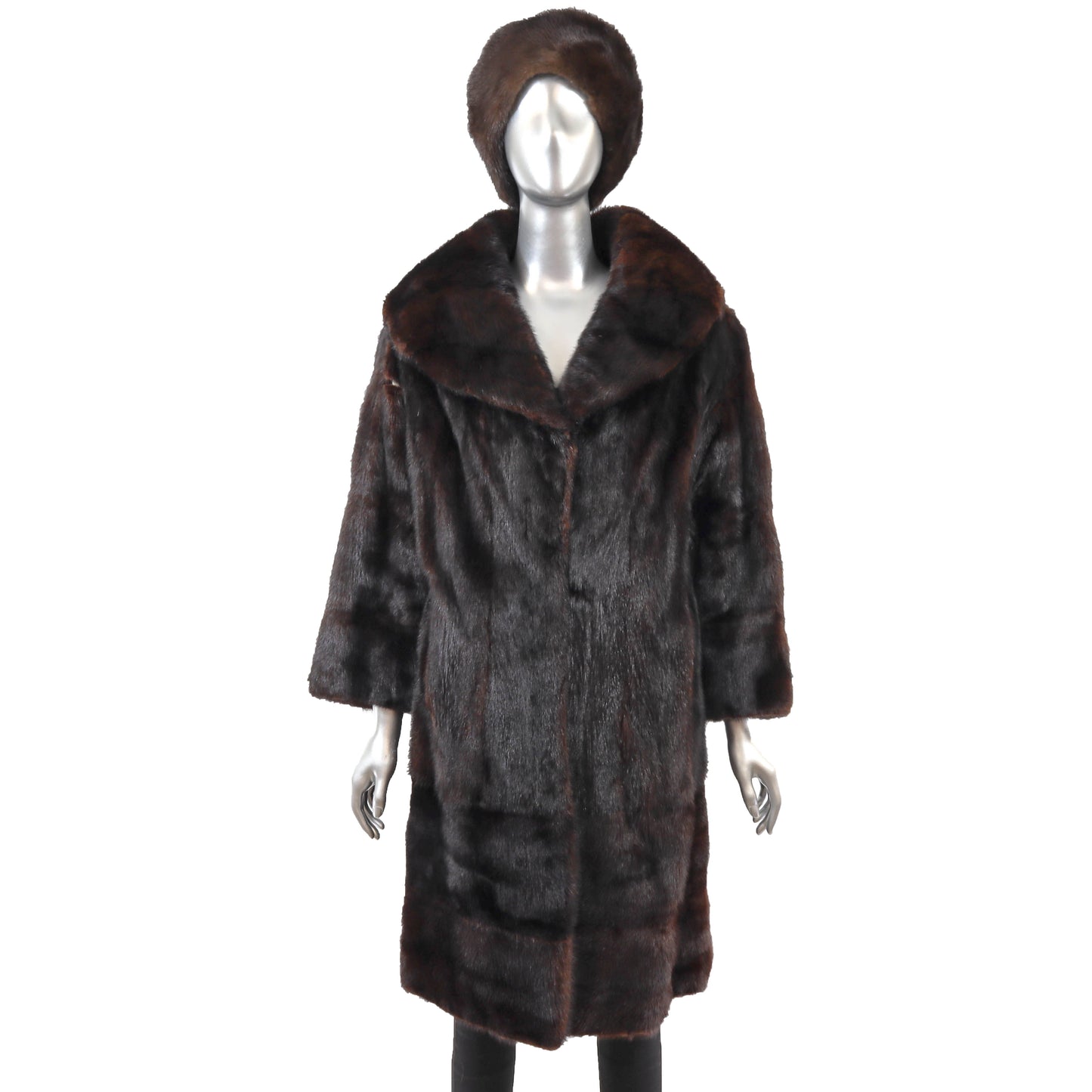 Dark Brown Mink 3/4 Coat with Matching Hat- Size L