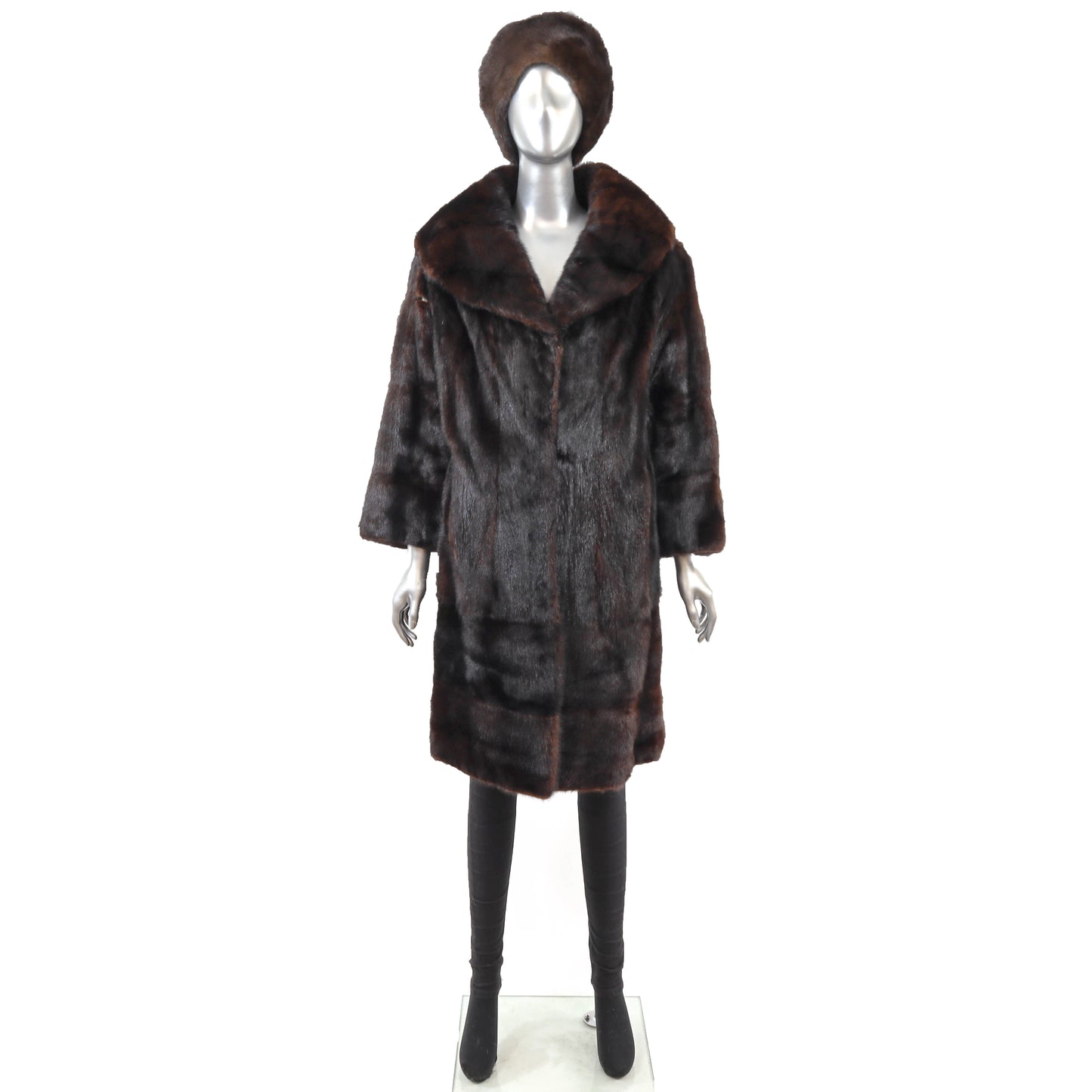 Dark Brown Mink 3/4 Coat with Matching Hat- Size L